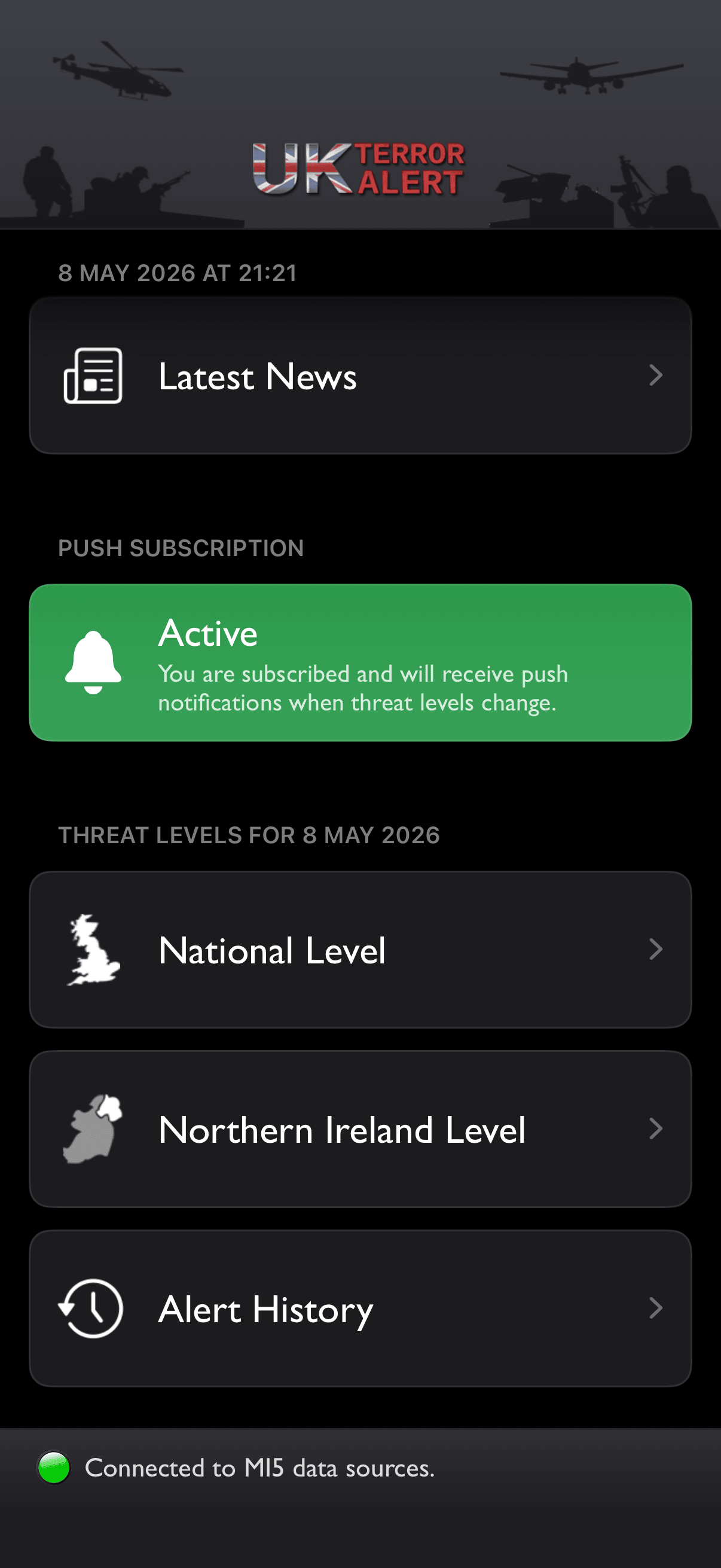 UK Terror Alert app showing the home screen with current threat levels and push subscription status